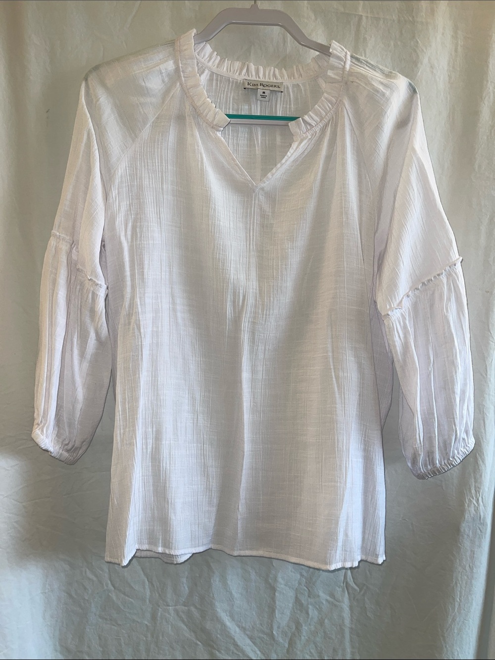 Kim Rogers White Gauze Ruffle-Trim Peasant Blouse size M